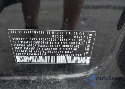 2012 Volkswagen Jetta 2.5L Se from USA, damaged, VIN 3VWDP7AJ5CM467135